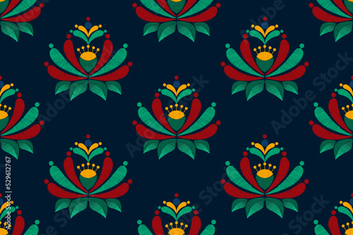 Floral ikat ethnic seamless pattern home decoration design. Aztec fabric carpet boho mandalas textile decor wallpaper. Tribal native motif flower decorative traditional embroidery vector background 