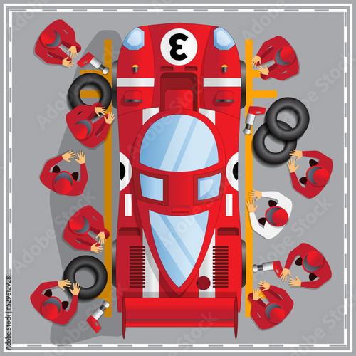 Maintenance of a racing car. View from above. Vector illustration.