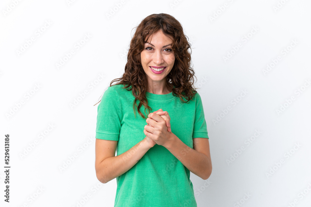 Young woman with curly hair isolated on white background laughing Young woman with curly hair isolated on white background laughing