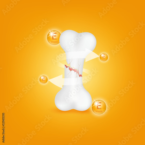 Vitamin E circle ball orange help strengthen bone not to be broken or decay on orange background. Skeleton x ray scan concept. Healthy knee bone.Medical or healthcare. 3D Realistic Vector.