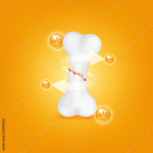 Vitamin minerals Magnesium (Mg) circle ball orange help strengthen bone not to be broken or decay on orange background. Skeleton x ray scan concept. Healthy knee bone.Medical or healthcare. 