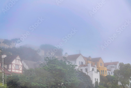 Charming houses on a hill in San Francisco California on a peaceful foggy day