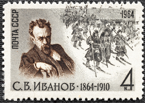 USSR-CIRCA 1964: Sergey Vasilyevich Ivanov 1864 - 1910 ,Russian genre and history painter, known for his Social Realism. Stamp issued by Former Soviet Union in 1964. photo