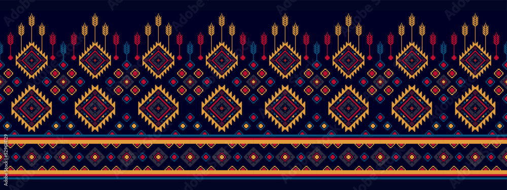 Pixel ikat ethnic seamless pattern decoration design. Aztec fabric carpet boho mandalas textile decor wallpaper. Tribal native motif flower traditional embroidery vector illustrated background 
