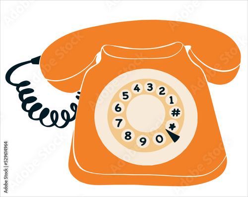 Vintage doodle illustration of phone with wire for decorative design. Network connection background. Vector drawing of an orange telephone with a drum.