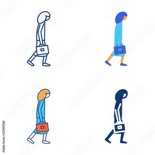 Sad woman with briefcase icon set in flat and line style