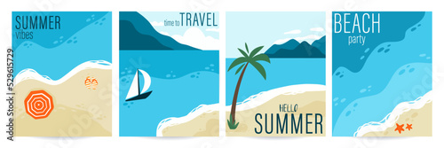 Hello summer poster set. Seaside with palm. Sand, mountains and ocean, paradise landscape, summer vacation card with text, travel background. Tropical resort banner. Vector beach illustration