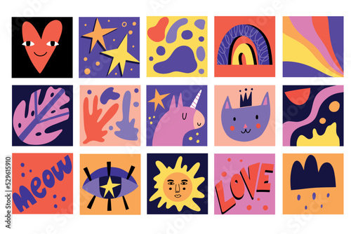 Funny cartoon characters. Abstract square illustration set, doodle happy trendy avatars, smile people portrait, contemporary geometric collection, Hand drawn vector unicorn cat and sun, trendy forms
