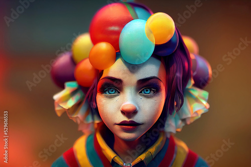 Portrait of a beautiful clown girl, 3d render