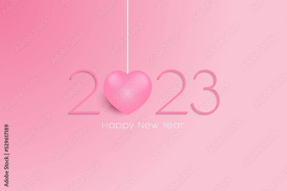 happy new year 2023 vector with pink hanging heart