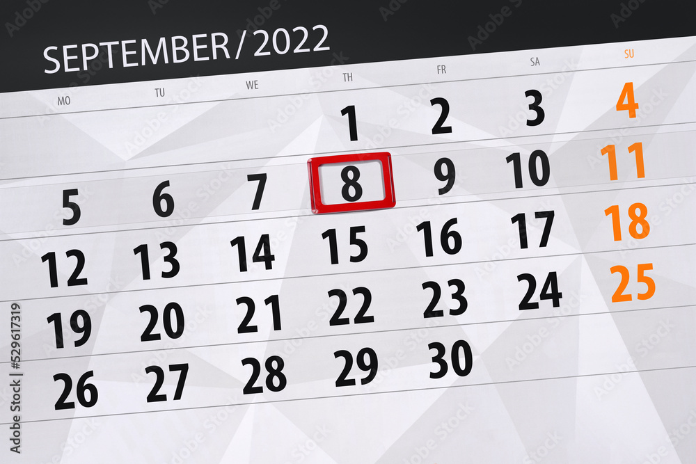 Obraz premium Calendar planner for the month september 2022, deadline day, 8, thursday