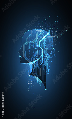 Artificial Intelligence. Technical background with a silhouette of a man. Big data concept. Machine cyber mind.