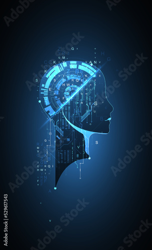 Artificial Intelligence. Technical background with a silhouette of a man. Big data concept. Machine cyber mind.