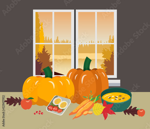 Window with a view of autumn nature and forest with a cup of te autumn food on the table. Pumpkin and porridge with seeds. Editable vector illustration design