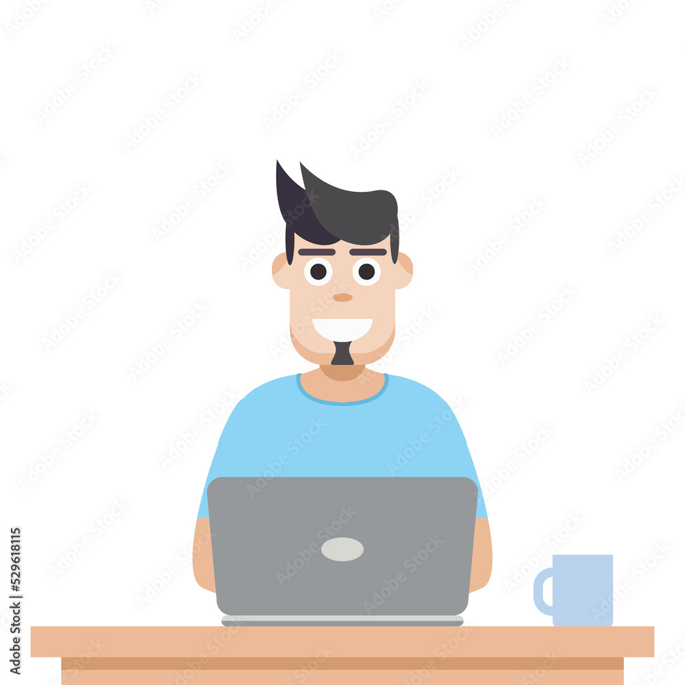 Man Using Laptop For Work From Home Wear T-Shirt Man Using Laptop For Work From Home Wear T-Shirt