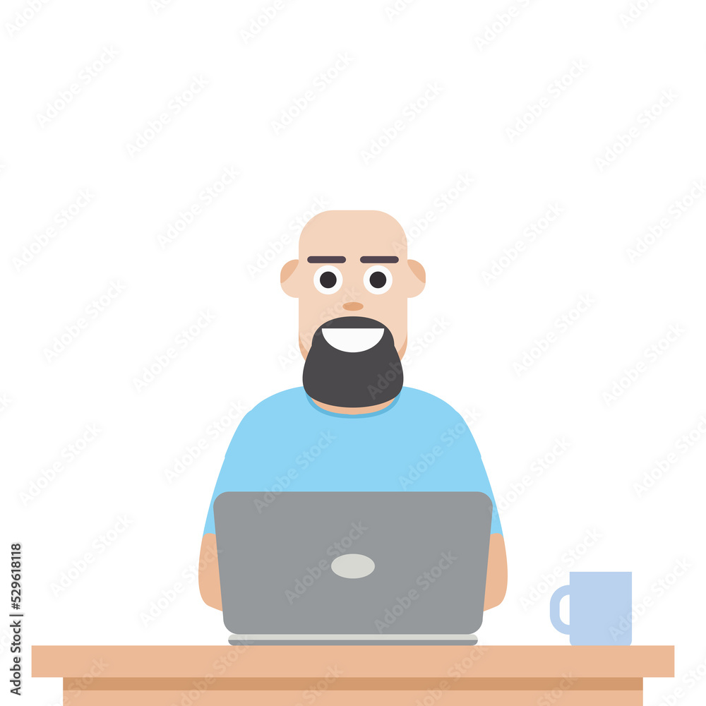 Man Using Laptop For Work From Home Wear T-Shirt Man Using Laptop For Work From Home Wear T-Shirt