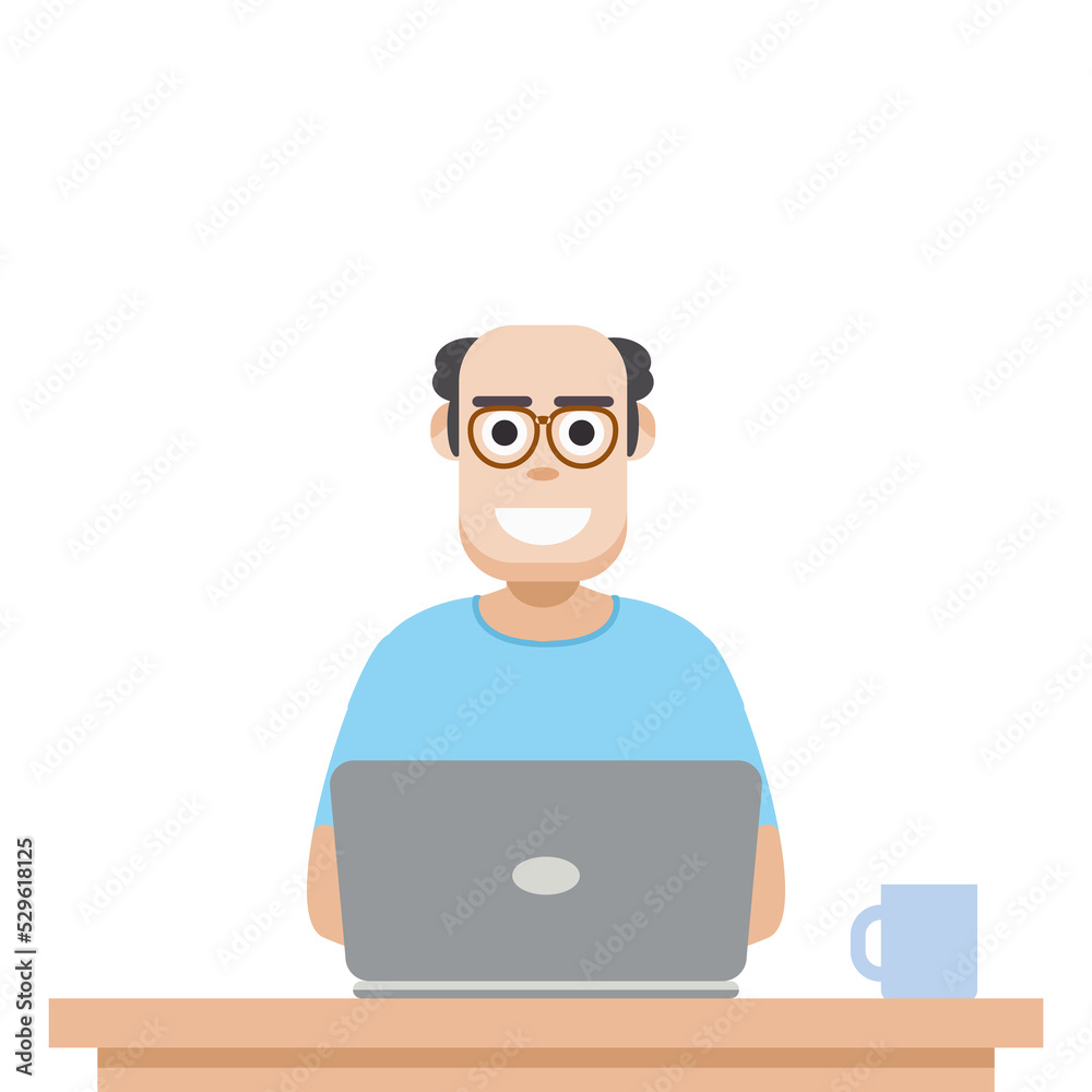 Man Using Laptop For Work From Home Wear T-Shirt Man Using Laptop For Work From Home Wear T-Shirt