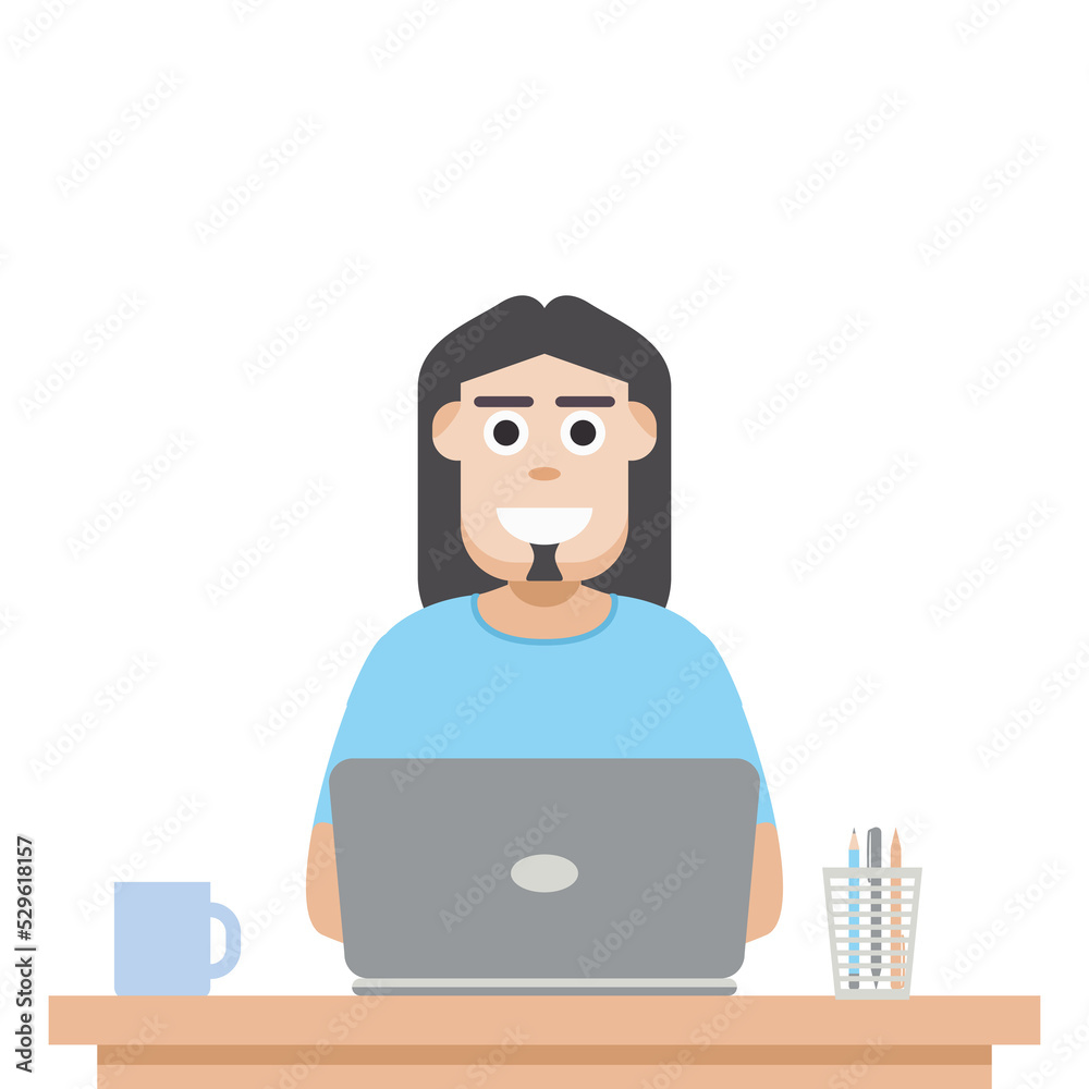 Man Using Laptop For Work From Home Wear T-Shirt Man Using Laptop For Work From Home Wear T-Shirt