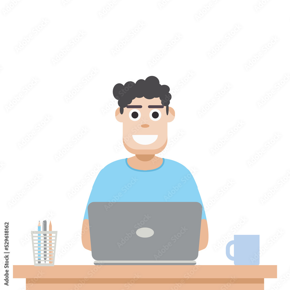 Man Using Laptop For Work From Home Wear T-Shirt Man Using Laptop For Work From Home Wear T-Shirt