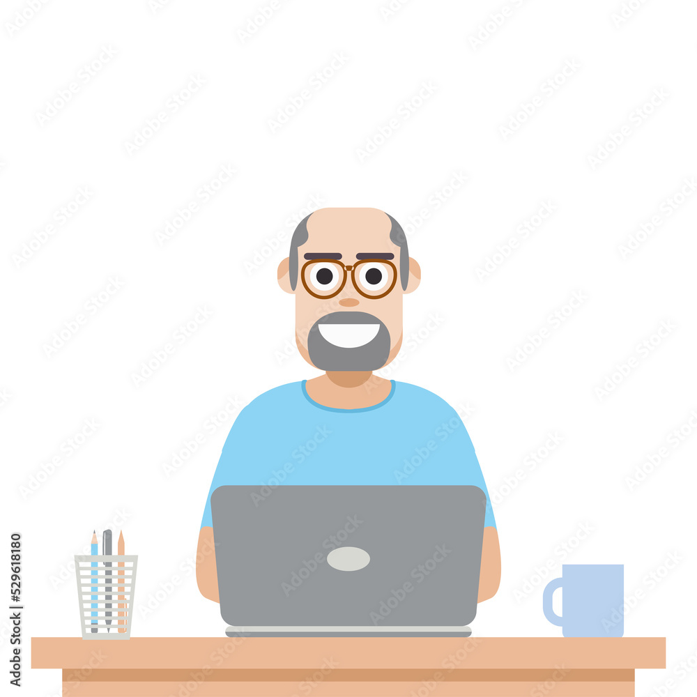 Man Using Laptop For Work From Home Wear T-Shirt Man Using Laptop For Work From Home Wear T-Shirt
