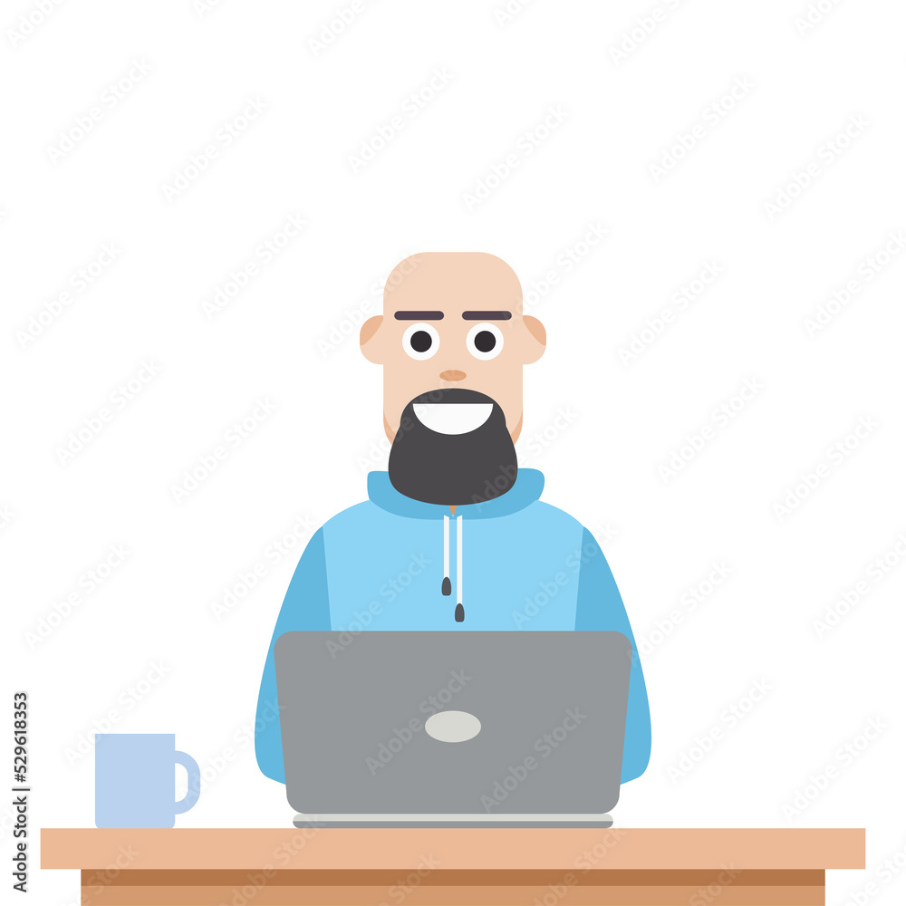 Man Using Laptop For Work From Home Wear Hoodie Man Using Laptop For Work From Home Wear Hoodie
