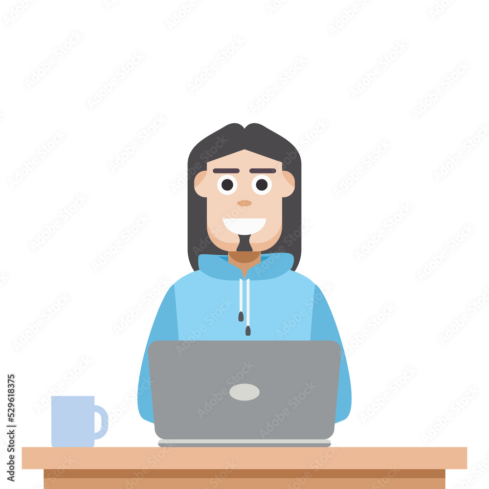 Man Using Laptop For Work From Home Wear Hoodie Man Using Laptop For Work From Home Wear Hoodie