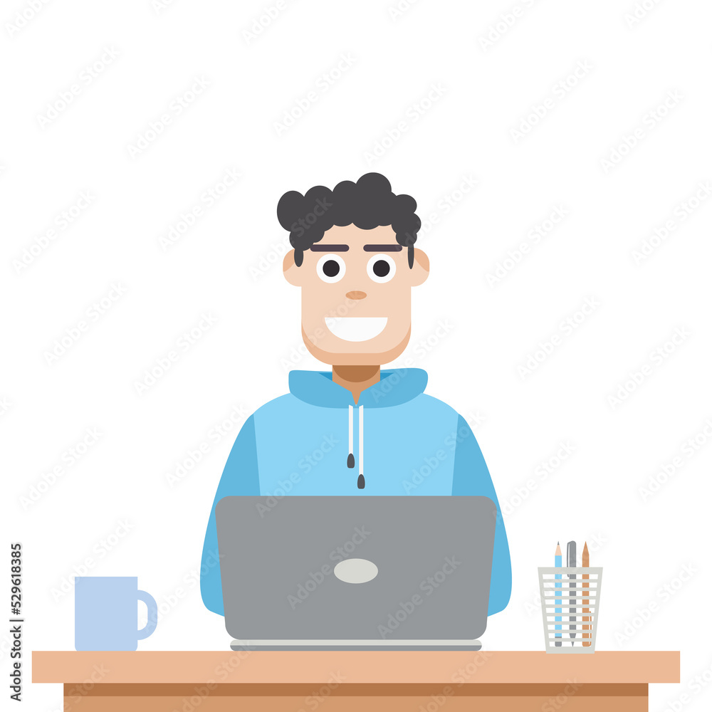 Man Using Laptop For Work From Home Wear Hoodie Man Using Laptop For Work From Home Wear Hoodie