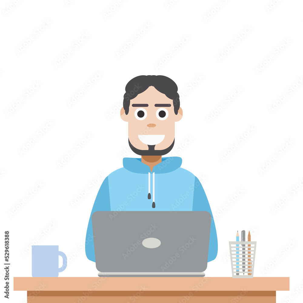 Man Using Laptop For Work From Home Wear Hoodie Man Using Laptop For Work From Home Wear Hoodie