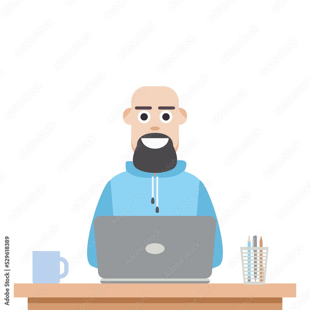 Man Using Laptop For Work From Home Wear Hoodie Man Using Laptop For Work From Home Wear Hoodie