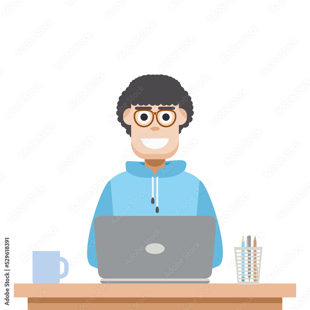 Man Using Laptop For Work From Home Wear Hoodie Man Using Laptop For Work From Home Wear Hoodie