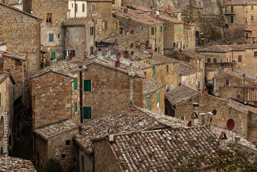 View of the houses of the ancient city of Sorano. Italy. Tuscany