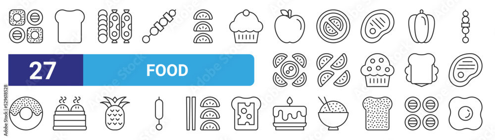set of 27 outline web food icons such as sushi, bread, salami, fruit ...