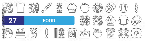 set of 27 outline web food icons such as sushi, bread, salami, fruit, lime, dim sum, birthday cake, fried egg vector thin icons for web design, mobile app.