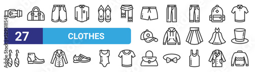 set of 27 outline web clothes icons such as belt, handbag, short, trousers, hoodie, shoe, handbag, sweater vector thin icons for web design, mobile app.