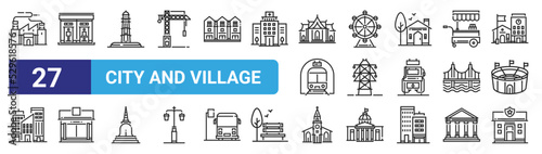set of 27 outline web city and village icons such as factory, toilet, lighthouse, ferris wheels, electric tower, supermarket, church, police station vector thin icons for web design, mobile app. photo