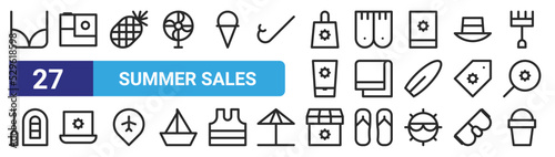 set of 27 outline web summer sales icons such as bikini, , pine, flippers, towel, laptop, shop, sand bucket vector thin icons for web design, mobile app.
