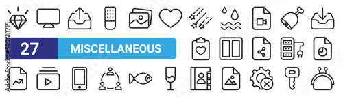 set of 27 outline web miscellaneous icons such as diamond, monitor, outbox, water, layout, gallery, agenda, purse vector thin icons for web design, mobile app.