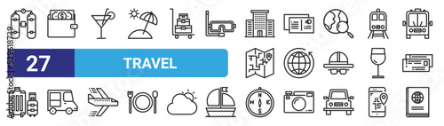 set of 27 outline web travel icons such as scuba diving, wallet, cocktail, postcard, worldwide, van, compass, passport vector thin icons for web design, mobile app.