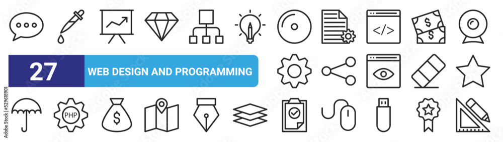 set of 27 outline web web design and programming icons such as chat, dosage, analytics, archive, connector, cogwheel, checking, de vector thin icons for web design, mobile app. set of 27 outline web web design and programming icons such as chat, dosage, analytics, archive, connector, cogwheel, checking, de vector thin icons for web design, mobile app.