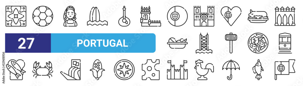 set of 27 outline web portugal icons such as tile, soccer ball, portuguese, cathedral, bridge, crab, castle, portugal vector thin icons for web design, mobile app.