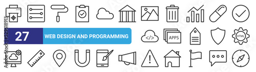 set of 27 outline web web design and programming icons such as ink, adjust, art and de, bin, app, education, alert, compass vector thin icons for web design, mobile app.