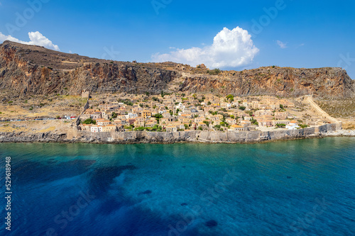 Aerial view of the medieval castle of Monemvasia, Lakonia, Peloponnese, Greece