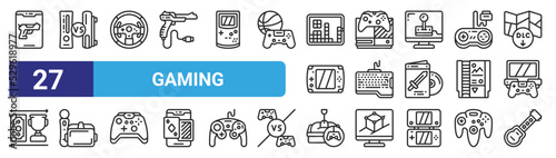 set of 27 outline web gaming icons such as shooting game, comparison, steering wheel, game console, keyboard, virtual reality, sandbox, guitar vector thin icons for web design, mobile app.