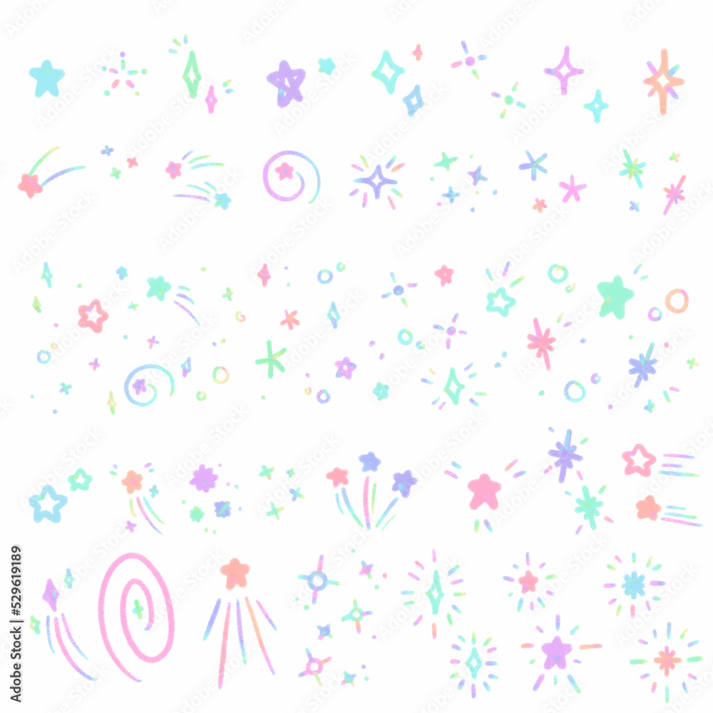Set Rainbow line star, signs and symbols, Hand drawn in doodle style.