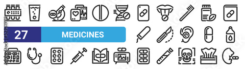 set of 27 outline web medicines icons such as test tubes, glass of water, microscope, pill, scalpel, stethoscope, pill, medicine vector thin icons for web design, mobile app.