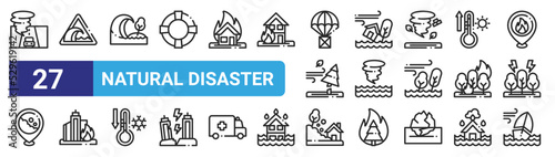 set of 27 outline web natural disaster icons such as automobile, nature, catastrophe, ecology and environment, climate, accident, danger, enviroment vector thin icons for web design, mobile app.