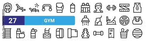 set of 27 outline web gym icons such as stopwatch, abdominal bench, solarium, trainer, elliptical, water bottle, weight, ball vector thin icons for web design, mobile app.