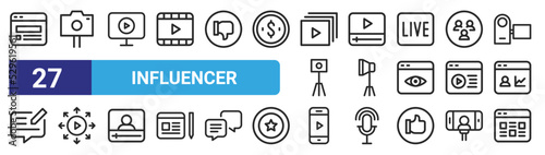 set of 27 outline web influencer icons such as blog, vlog, video tutorial, video, spotlight, viral, video, post vector thin icons for web design, mobile app.