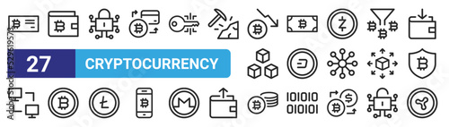 set of 27 outline web cryptocurrency icons such as bitcoin, bitcoin, encryption, bitcoin, dash, ripple vector thin icons for web design, mobile app.
