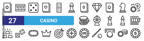 Canvastavla set of 27 outline web casino icons such as cards, jackpot, dice, gem, fortune wheel, dices, bet, poker chip vector thin icons for web design, mobile app